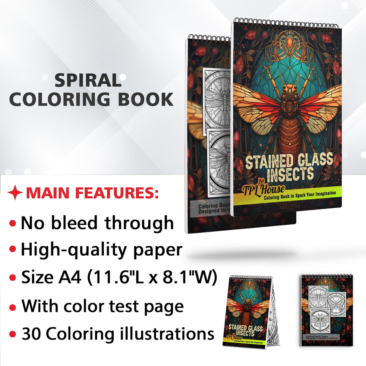 TPLHOUSE Stained Glass Insects Coloring Book Spiral Bound for Teens and Adults, Premium Cover, 30 Glass-Tinted Insects Coloring Pages of Intricate Patterns for Stress Relief and Relaxation TPLHOUSE