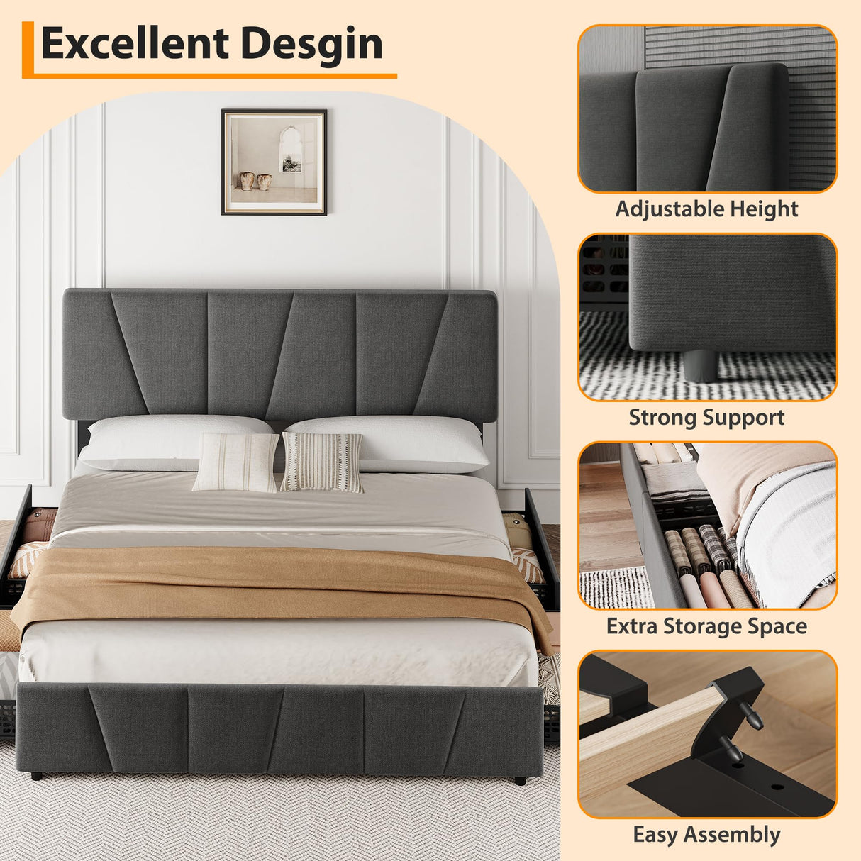 GarveeHome King Size Bed Frame with Adjustable Headboard and 4 Storage Drawers, Velvet Upholstered Tufted King Platform Bed Frames with Wooden Slats Support, King Bedframe No Box Spring Needed, Grey GarveeHome