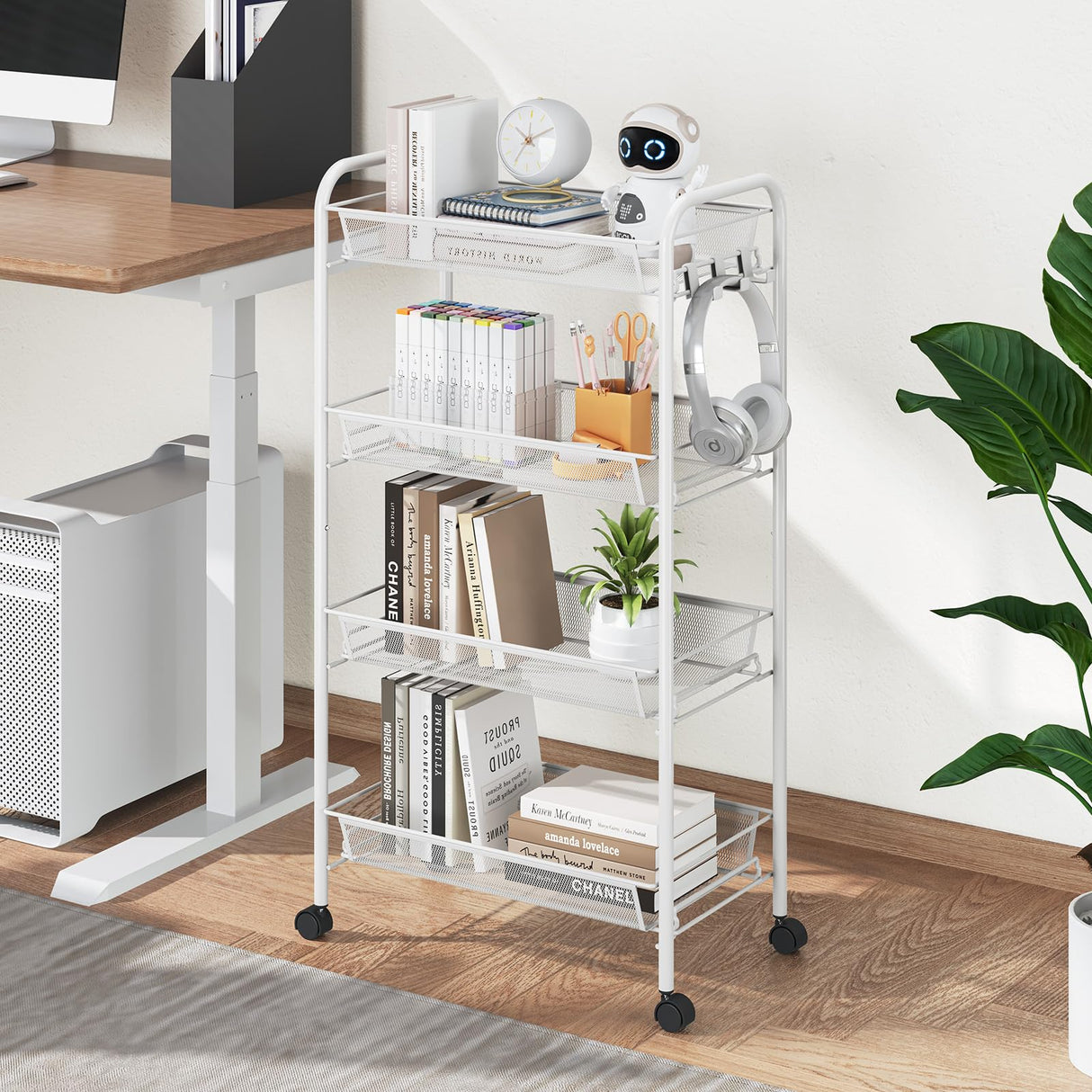 TOOLF 4-Tier Rolling Cart, Metal Utility Cart with 3 Hooks, Easy Assemble Mobile Storage Trolley On Wheels, Metal Shelving Units Kitchen Bathroom Laundry Room TOOLF