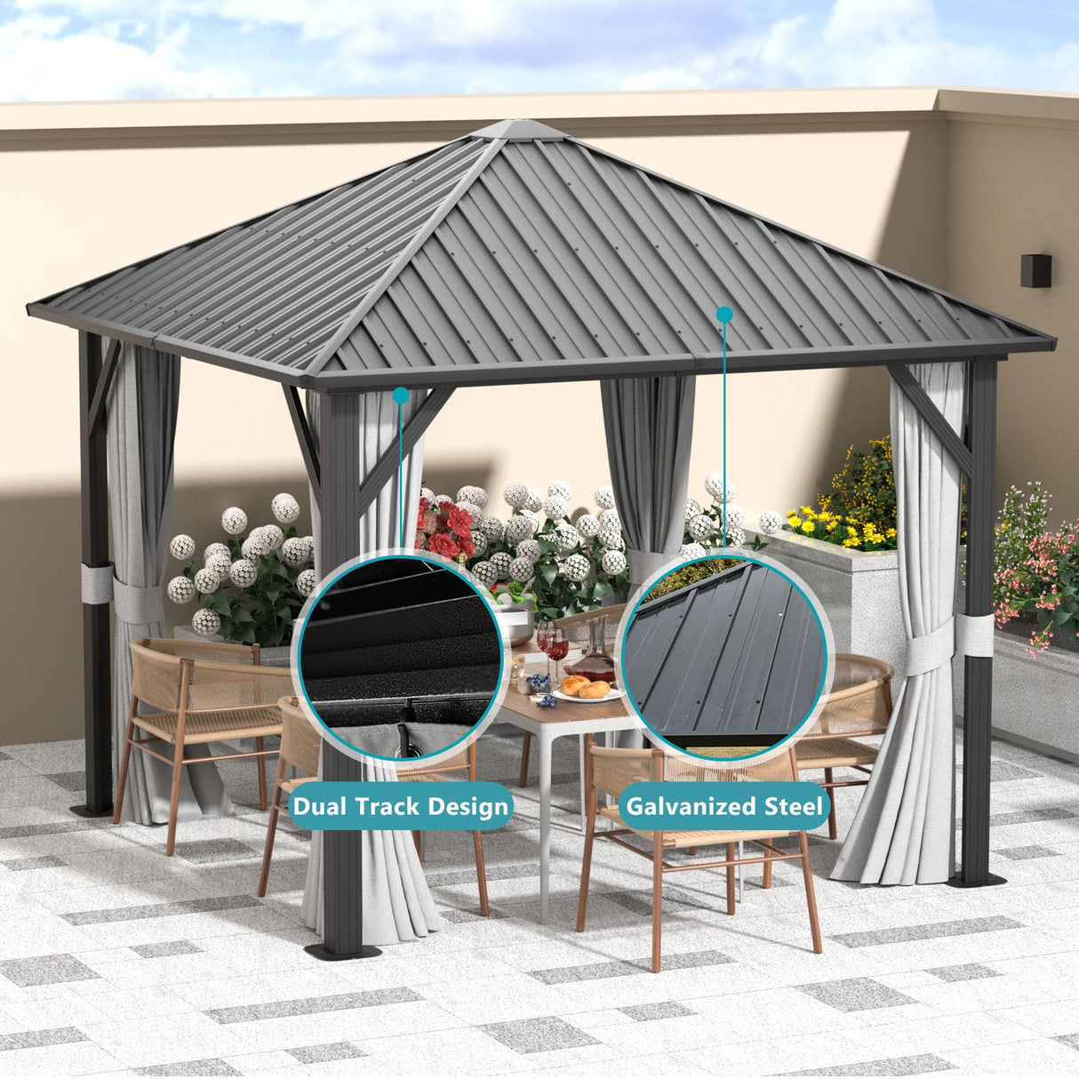 Aoxun 10'x10' Hardtop Gazebo, Galvanized Steel Outdoor Aluminum Single Top Canopy, Everlasting Metal Gazebo with Netting and Curtains, for Patio, Backyard and Deck Aoxun