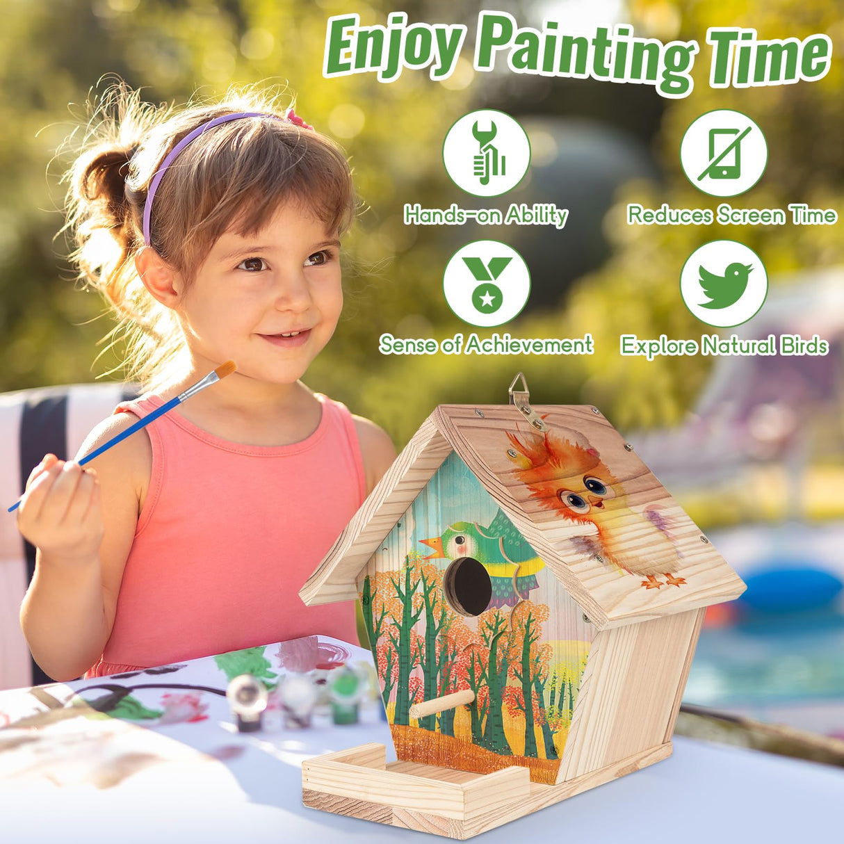 Bird Houses for Outside to Build, DIY Birdhouse Kit with Paint Set, Wooden Bird House with Feeder Trough, Natural Woodworking Kits for Kids and Adults Bird Nest WIZGSZ