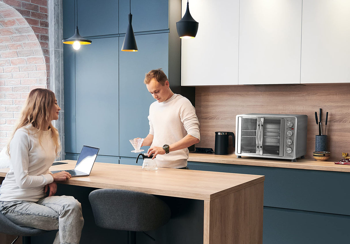 Elite Gourmet ETO-4510M French Door 47.5Qt, 18-Slice Convection Oven 4-Control Knobs, Bake Broil Toast Rotisserie Keep Warm, Includes 2 x 14" Pizza Racks, Stainless Steel Elite Gourmet