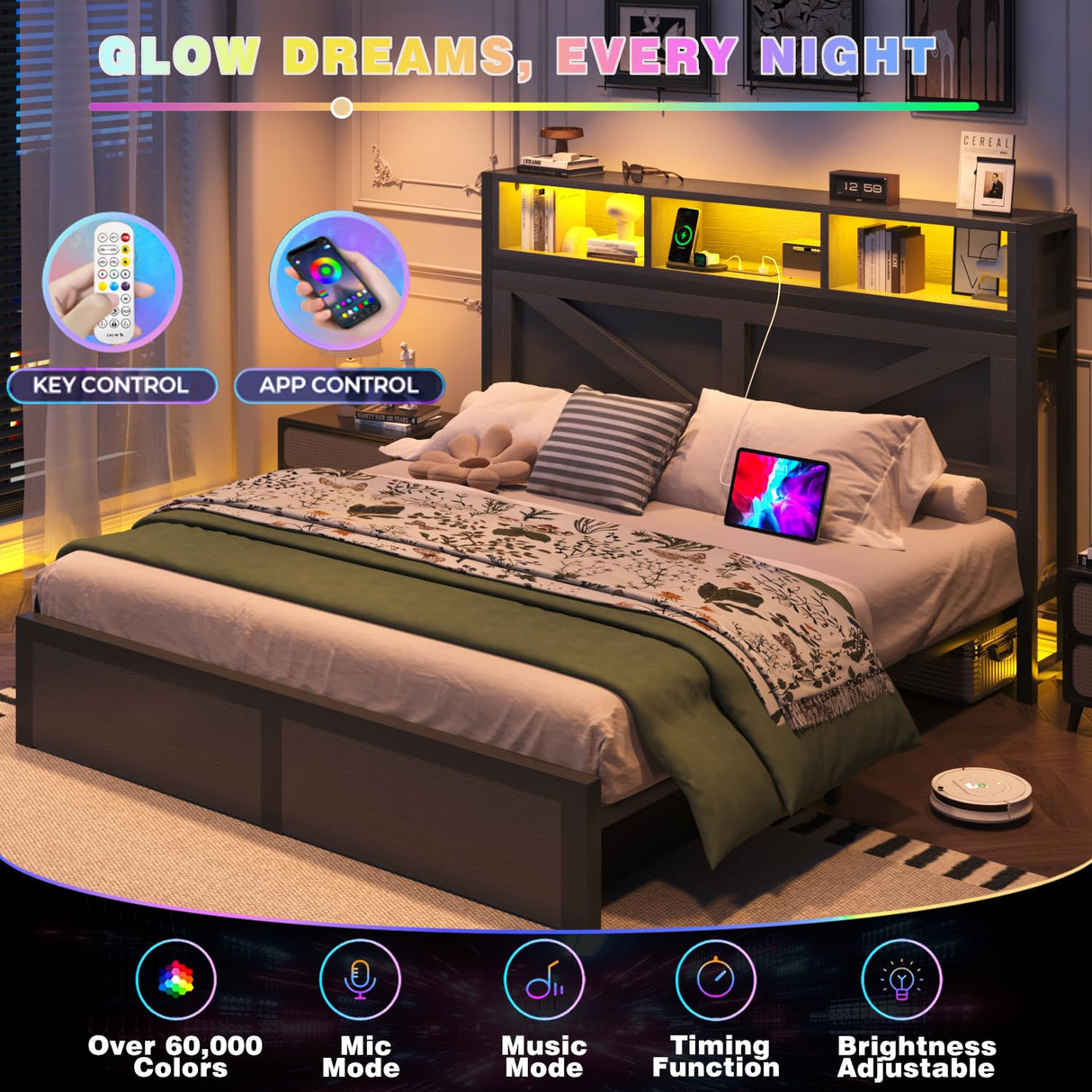 Incyneva Farmhouse Full Bed Frame with Bookcase Storage Headboard, Charging Station, LED Light and 2 Storage Drawers, Noise Free, No Box Spring Needed, Black Incyneva