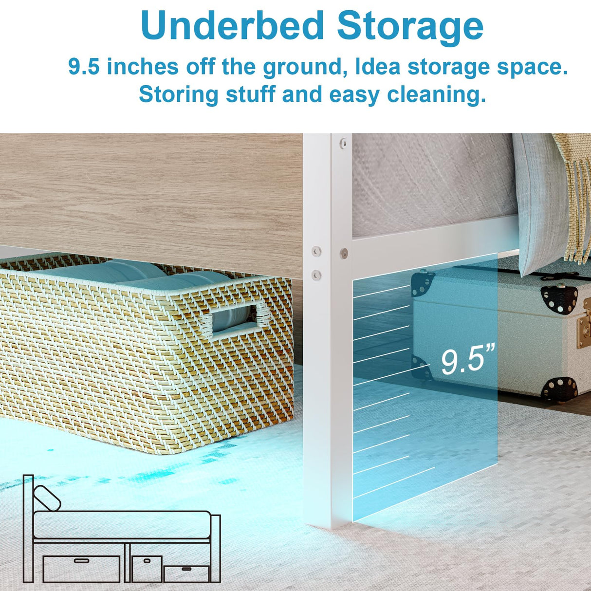 PUNICE Twin Size Bed Frame with Charging Station, LED Light Metal Bed Frame with Wooden Headboard, No Box Spring Required, No Noise, Easy Assembly, White PUNICE