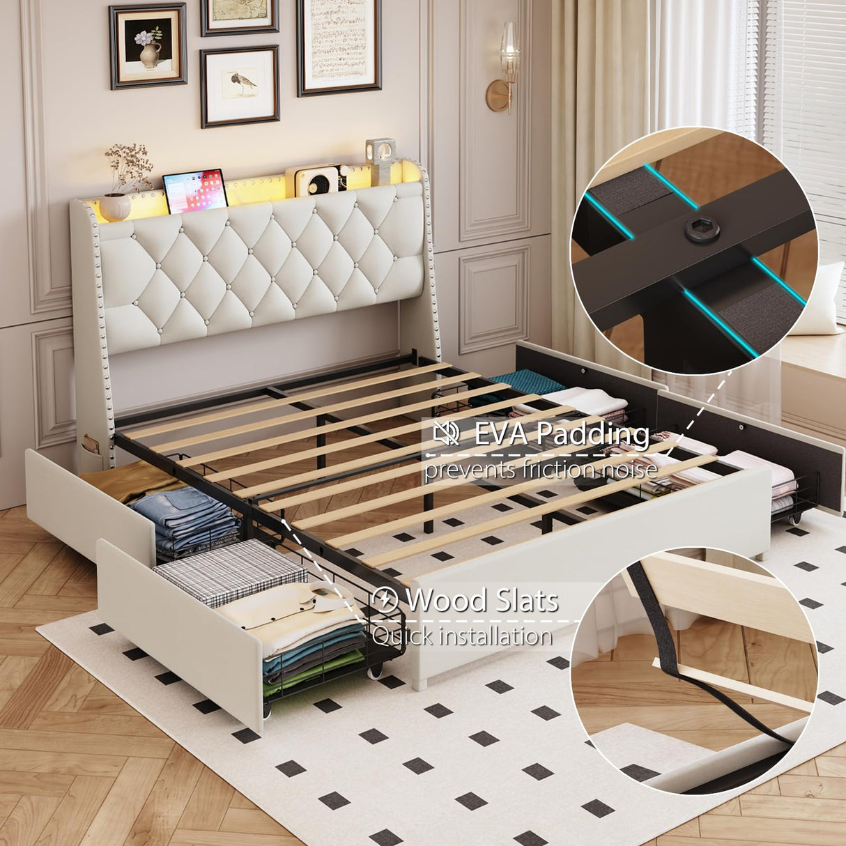 TIGUBFRE Full Size Bed Frame with 4 Drawers and Storage Headboard, Upholstered Tufted Wingback Bed Frame with LED Lights and Charging Station, No Box Spring Needed, Easy Assembly, Noise Free, Beige TIGUBFRE