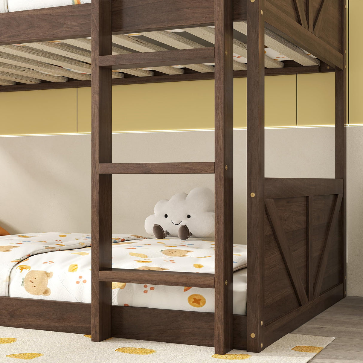 LUKEEHOM Bunk Bed Twin Over Twin, Wood Low Profile Floor Twin Bunk Beds with Headboard Ladder Guardrails for Kids Boys and Girls, No Box Spring Needed LUKEEHOM