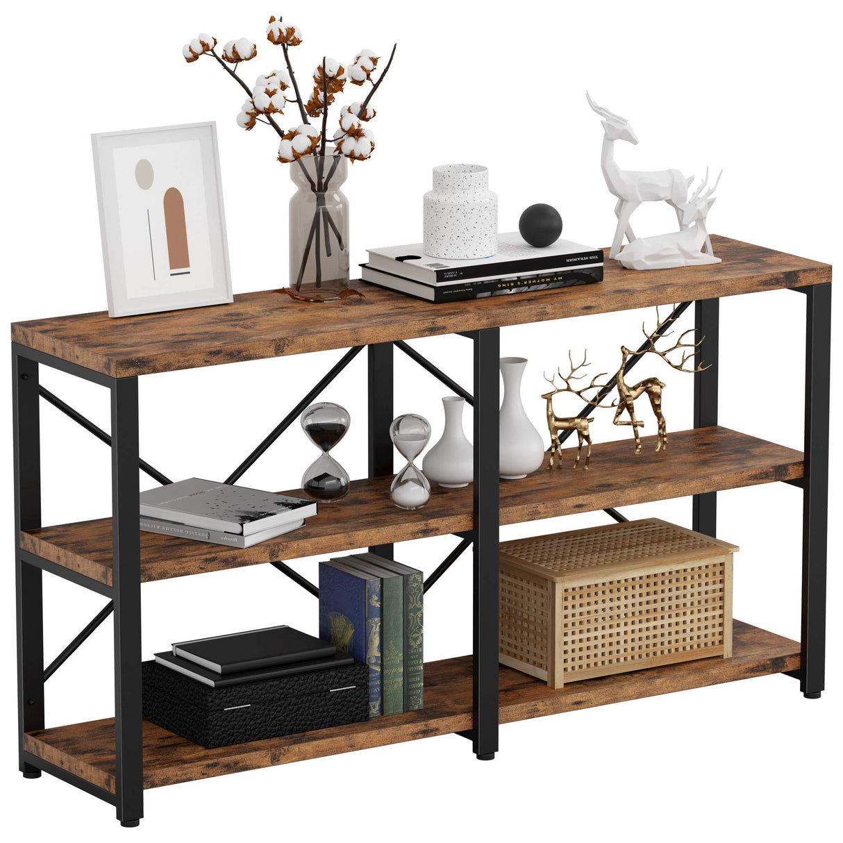 IRONCK Bookshelf Double Wide 55 in 3-Tier, Industrial Bookcases, Wood and Metal Bookshelves, Book Shelves for Home Office Decor Display IRONCK