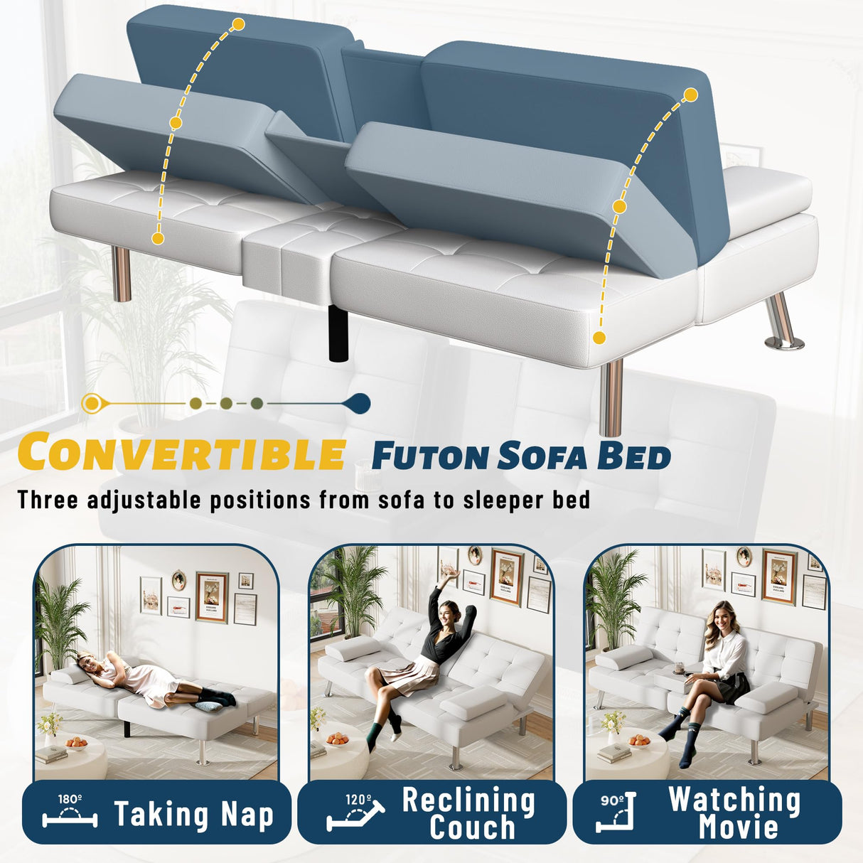 Furmax Futon Sofa Bed Adjustable Futon Couch Sleeper Sofa Bed for Living Room, Business Office, Recliner Sofa with Cup Holders (PU Leather, White) Furmax