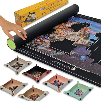 Napzy Rubber Puzzle Mat,Puzzle Matt Rollup,1500 Piece Puzzles Play Mat Has 6PCS Leather Puzzles Sorting Trays,41'' * 25'' Portable Jigsaw Keeper,Jigsaw Saver Board Roll Up with Storage Bag,Gift Box