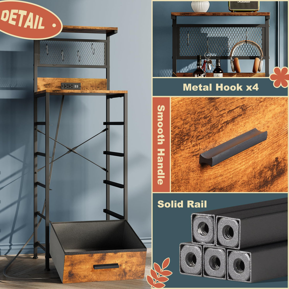 EKNKOZY Nightstand 5 Drawer Dresser with LED Lights, Charging Station, Metal Mesh Shelf with Hooks, Vertical Side Table with Fabric Drawers, End Table, Tall Dresser for Bedroom, Entryway, Rustic Brown EKNKOZY