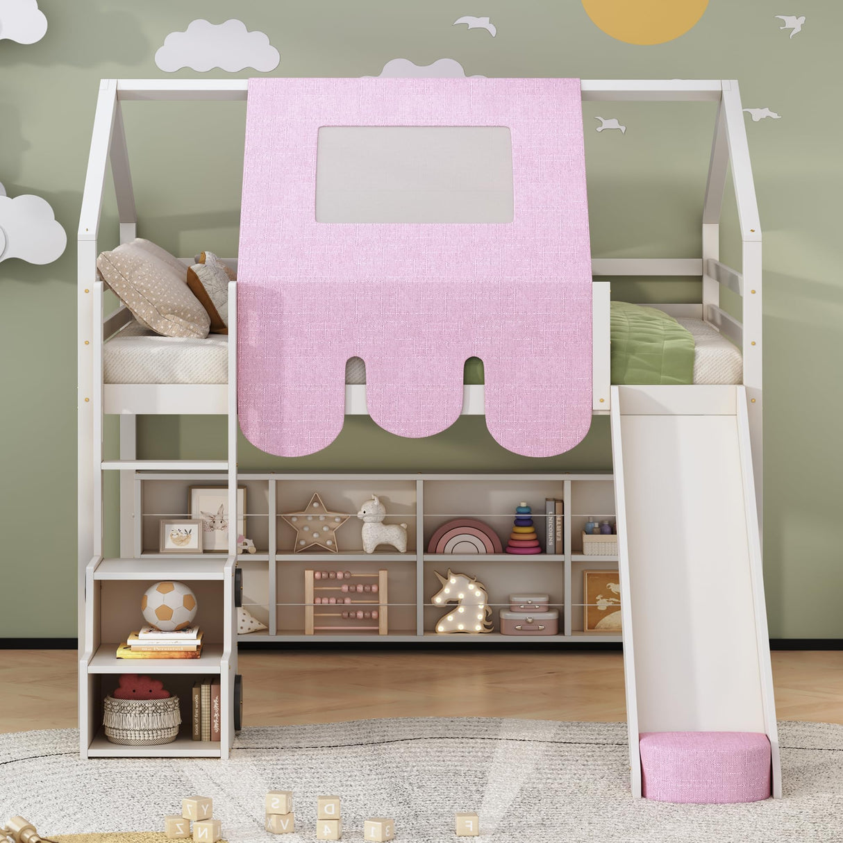 Kids Loft Bed Full Size, Full Loft Bed with Slide and Ladder, Kids House Loft Bed with Storage Shelf and Removable Tent, Full Size Loft Bed for Girls, Boys(Full White Pink) Bellemave