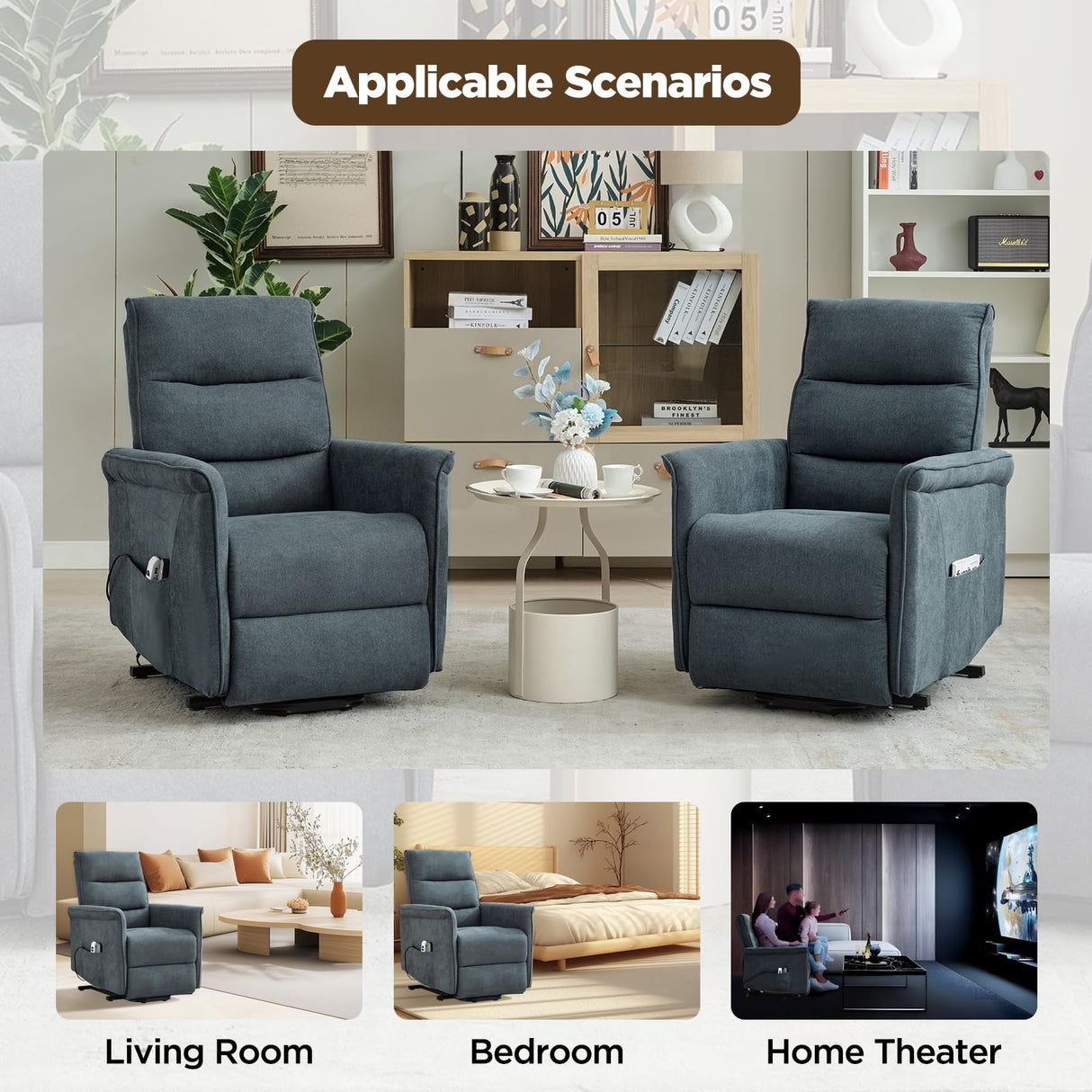 MANBUR Power Lift Recliner with Vibration and Lumbar Heat, Electric Power Lift Chair Recliner Chair, Home Theater Seating RV Recliner Living Room Chair with Side Pockets, LED Light, USB Port(Blue) MANBUR