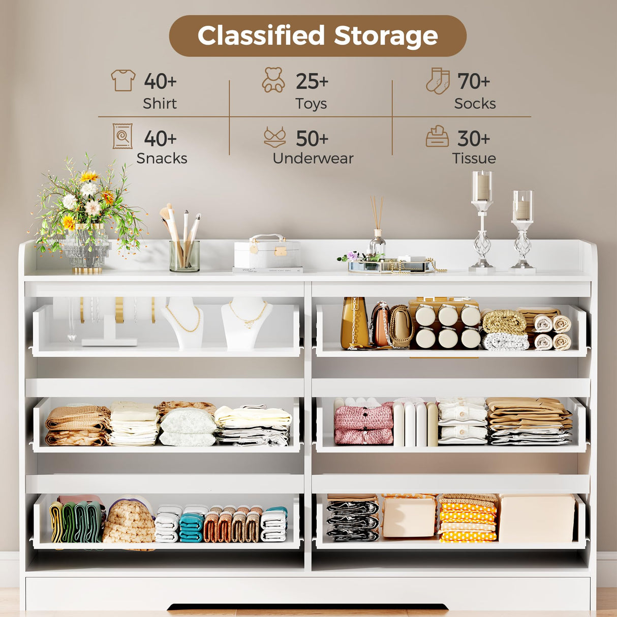 BEWISHOME White Dresser for Bedroom, 6 Drawer Dresser Chest of Drawers, Wood Dressers for Closet, Wide Modern Dressers with Fence for Living Room, Hallway, Entryway, TV Stand, White KCG04W BEWISHOME