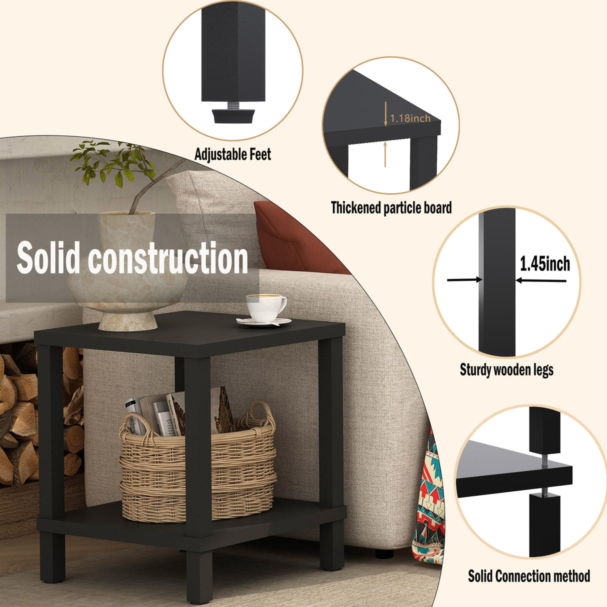 MMEOLUOOK Large End Table Square Side Table Modern Sofa Table 20 Inch Industrial Coffee Table NightStand with 2-Tier Storage Shelf for Living Room Bedroom Black MLBZ06B