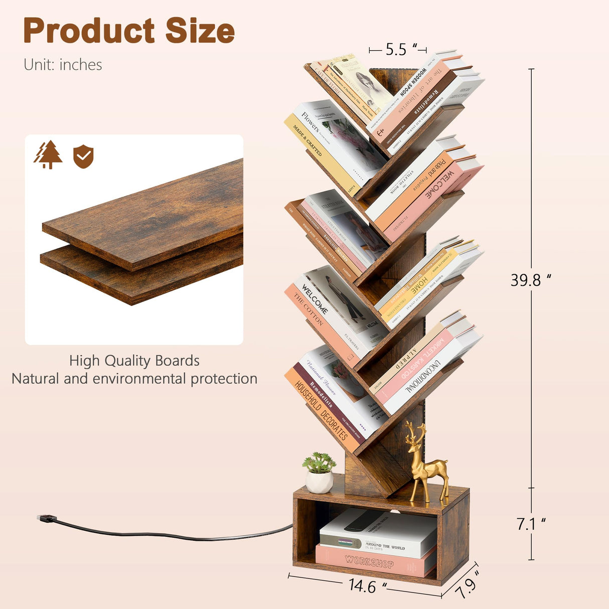 Hoctieon 9 Tier Tree Bookshelf, Tall Bookcase, Freestanding Book Shelf with LED Lights, Display Floor Standing Storage Shelf, Book Organizer Shelves for Home Office, Living Room, Rustic Brown Hoctieon