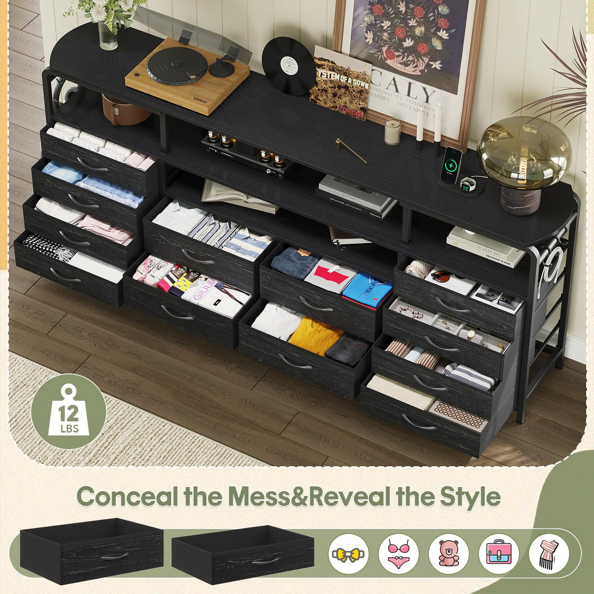 busyaeh 65 Inch Tv Stand with 12 Drawers for 55 65 70 in Tv Stands with Led Lights & Charging Station, 63" Dresser Tv Stand with Open Shelves & 6 Metal Hooks for Bedroom Living Black busyaeh