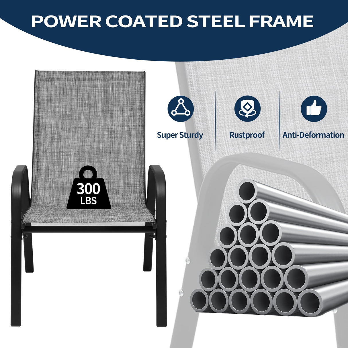 PIZZELLO Patio Chairs Set of 8 - Outdoor Stackable Dining Chairs for All Weather - Lightweight Textilene Outdoor Chair Sets with Armrests - 300Lbs Capacity - for Backyard Garden Porch Poolside (Grey) PIZZELLO