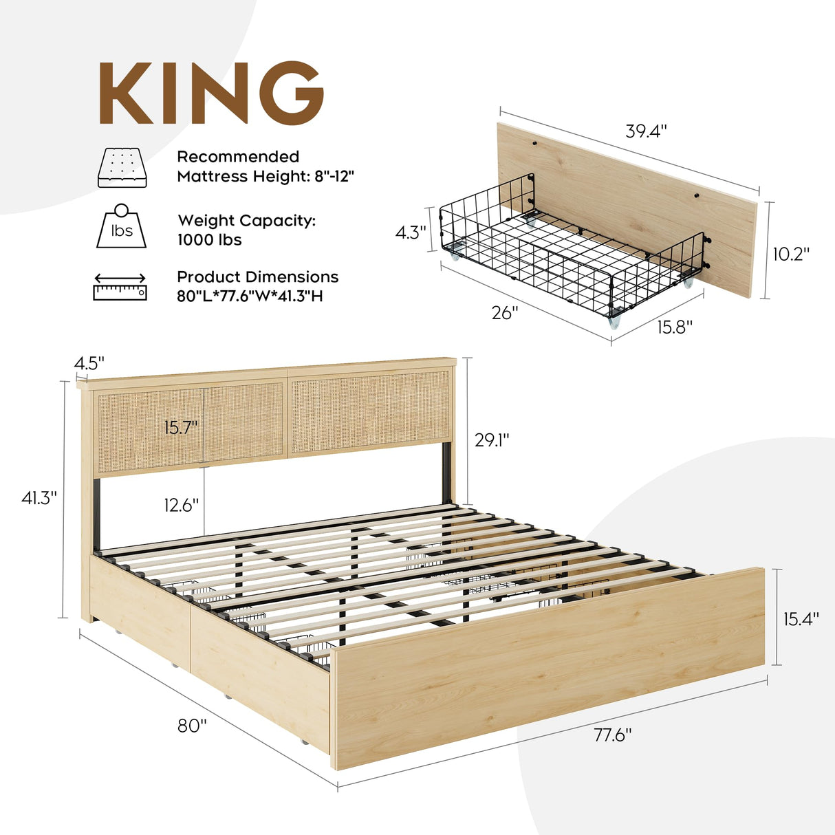 Brafab Natural Rattan King Size Bed Frame with Wooden Headboard and 4 Storage Drawers, Boho Natural Wood Bedframe Cane Oak Metal Platform Beds with Strong Wooden Slat, Noise Free, No Box Spring Needed Brafab