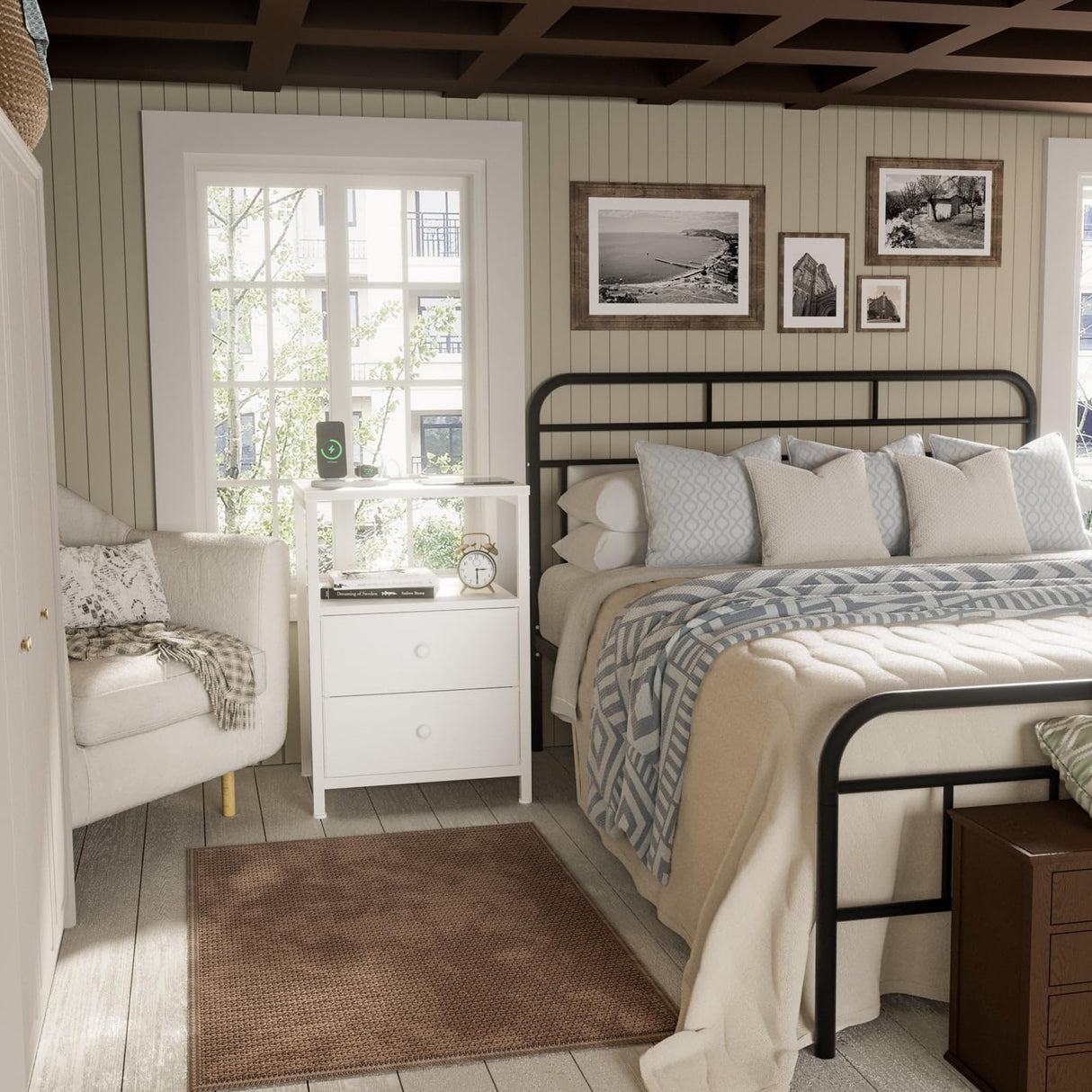 BOLUO White Nightstand with Charging Station, LED Night Stand with 2 Fabric Drawers, Bedside Table with USB Ports and Outlets, Nightstand for Bedroom Modern BOLUO