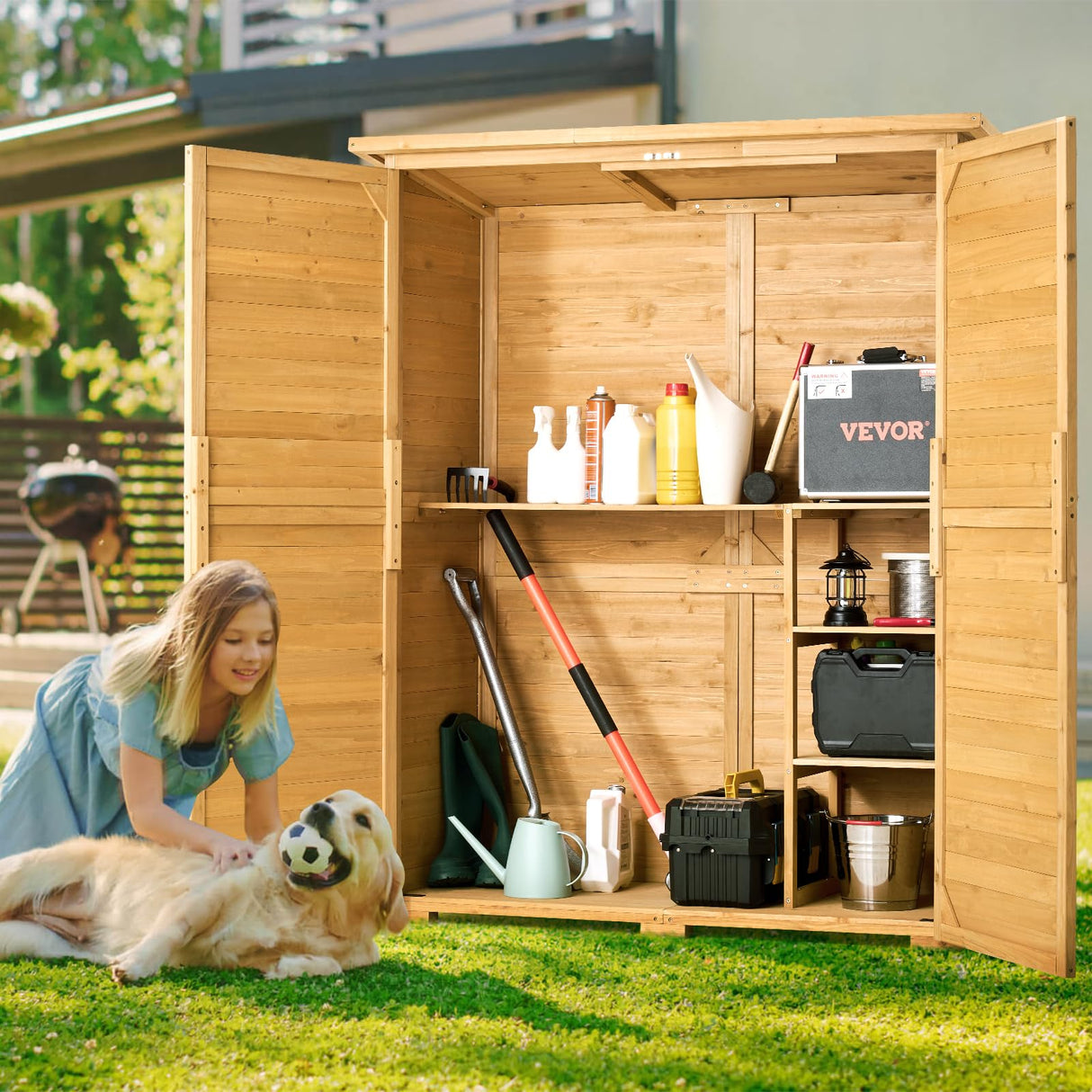 VEVOR Outdoor Storage Shed, Large Wooden Outside Storage Cabinet with Waterproof Roof and Metal Frame, Double Lockable Doors Garden Tool Shed Storage House Cabinet with Shelves, 55.1"x23.6"x67.5" VEVOR