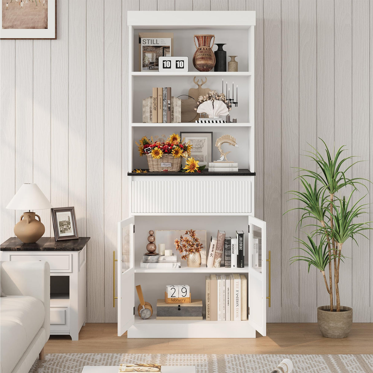 IDEALHOUSE 70" Tall Kitchen Pantry Cabinet, Storage Cabinets with Drawer & 2 Glass Doors and 3 Shelves, Floor Cabinet for Kitchen, Office, Living Room, Dining Room, Bathroom, White IDEALHOUSE