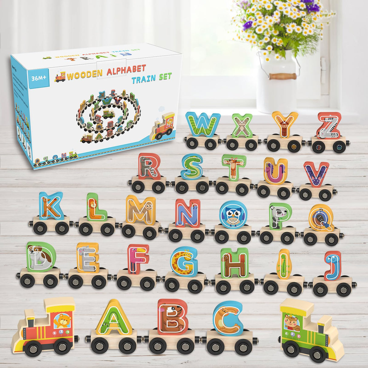 Ancistro Wooden Alphabet Train Toys Spelling Tool Preschool Toddlers Montessori Educational Game Letter Car Magnetic for Kids Boys Girls 2 3 4 5 Years Ancistro