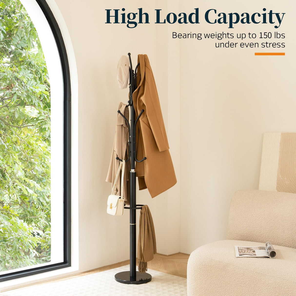 Yoobure Metal Coat Rack Freestanding with Marble Base, Coat Tree with 12 Hooks & Umbrella Holder, Coat Hanger Stand for Corner Entryway Bedroom Office, Heavy Duty Coat Rack Stand for Clothes Hats Bags Yoobure