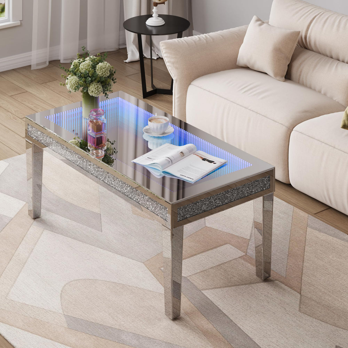 Alohappy Mirrored Coffee Table with Lasagna Light, Glass Rectangle Coffee Tea Table with Crushed Diamond for Living Room, Tempered Glass Silver Coffee Table for Bar, Game Room Decor Alohappy