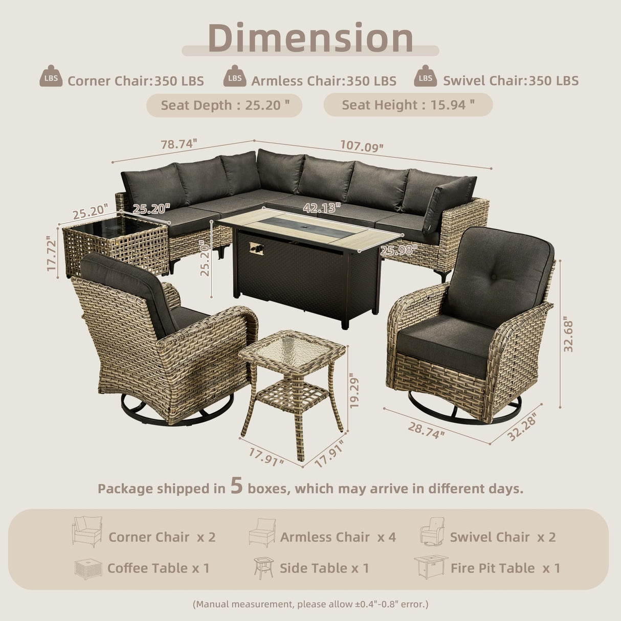 CAODOC 11-Piece Outdoor Sectional Sofa Set w/ 54" Fire Pit – L-Shaped Wicker Patio Furniture, Deep Seating & Swivel Rockers,Black CAODOC