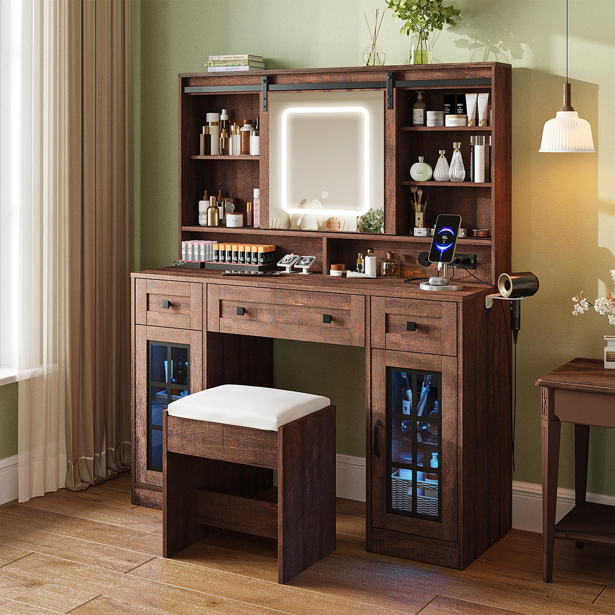 Maupvit Farmhouse Makeup Vanity Desk with Sliding Mirror, 45.5" Vanity Set with 3 Drawers & 2 RGB LED Cabinets & Charging Station, Ample Storage, Stool Included, Brown Maupvit