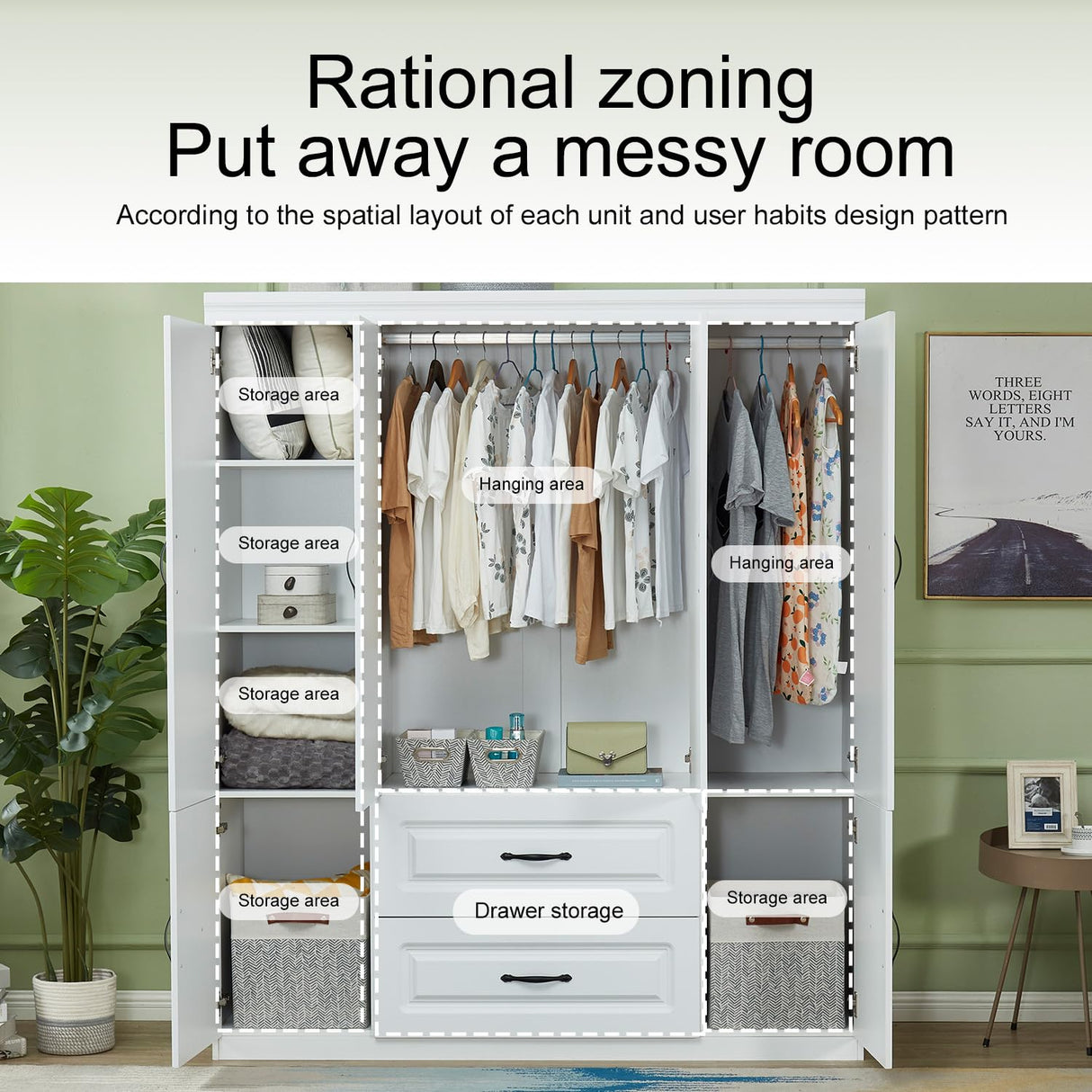 ClassyCabin 4 Door Armoire Wardrobe Closet, Wood 2 Drawers Armoire Storage Cabinet for Large Capacity, White Bedroom Armoires for Clothes with Hanging Rod and 5 Storage ClassyCabin