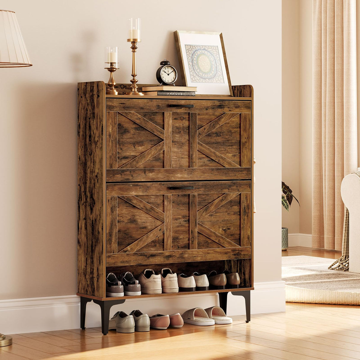 MAHANCRIS Shoe Storage Cabinet, Shoe Organizer with 2 Flip Drawers, Hidden Shoe Storage for Entryway, Freestanding Organizer with Open Storages, Rustic Brown SHHR9401N1 MAHANCRIS
