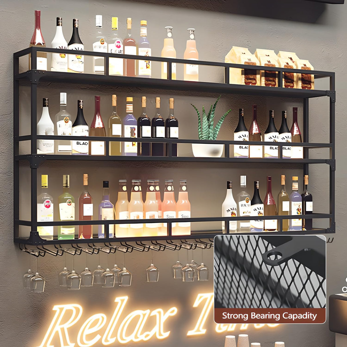 Wall Mounted Wine Rack, 3 Tier Wine Glass Holder with LED Light, Large Wall Mounted Shelves with Hanging Wine Racks Bottle Display Shelf, for Home Bar Cafe Restaurant (39.4 * 9.8 * 35.4 inch) Generic