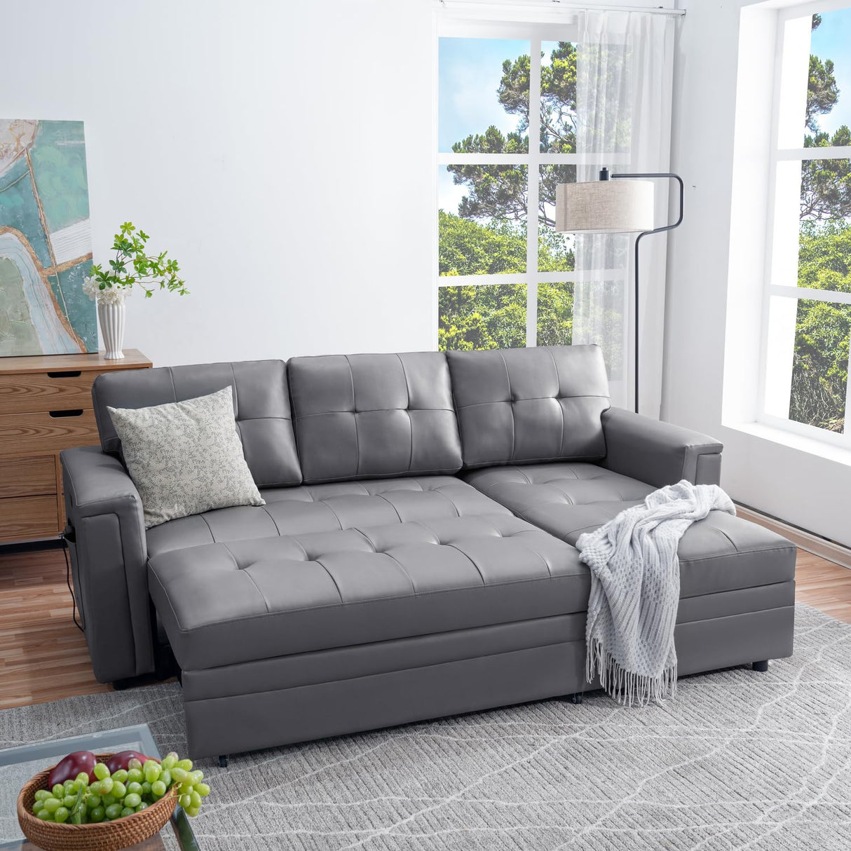 Naomi Home L-Shaped Sectional Sleeper Sofa with USB Ports - Convertible Pull-Out Bed, Ample Storage, Timeless Design, Durable Construction, Gray/Air Leather Naomi Home