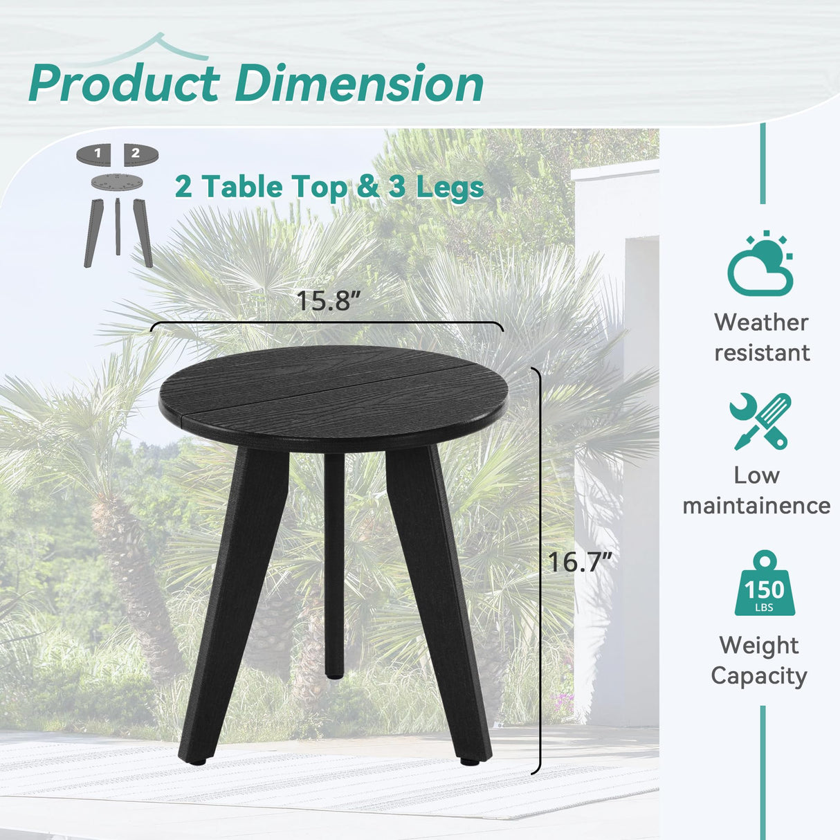 Homenjoy HDPE Outdoor Side Table, Small Round Side Table Weather-Resistant, Outdoor Side Tables for Patio, Porch, Deck, End Table for Plant Stand, Living Room, Bedroom, Black Homenjoy