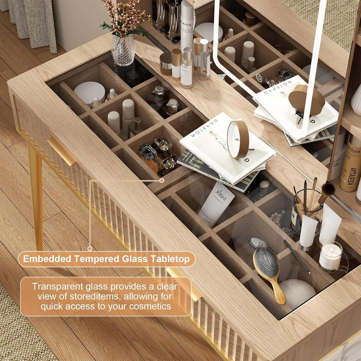 48" Fluted Makeup Vanity Desk with Sliding Mirror and Lights, Wooden Dressing Table with 5 Drawers and Adjustable Shelves,Makeup Vanity Table Modern Glass Top Charging Station for Bedroom (Wooden) TTSITG