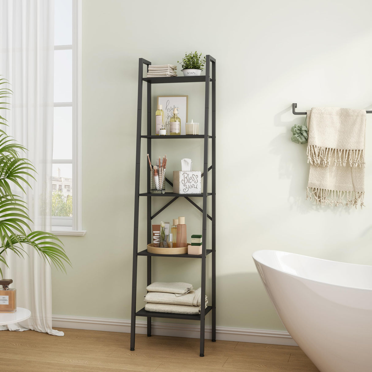 Hoctieon 5-Tier Industrial Ladder Bookshelf, Narrow Ladder Shelf, Tall Standing Bookshelf, Skinny Open Ladder Shelf, for Living Room, Home Office, Kitchen, Bedroom, Metal Frame, Black Hoctieon