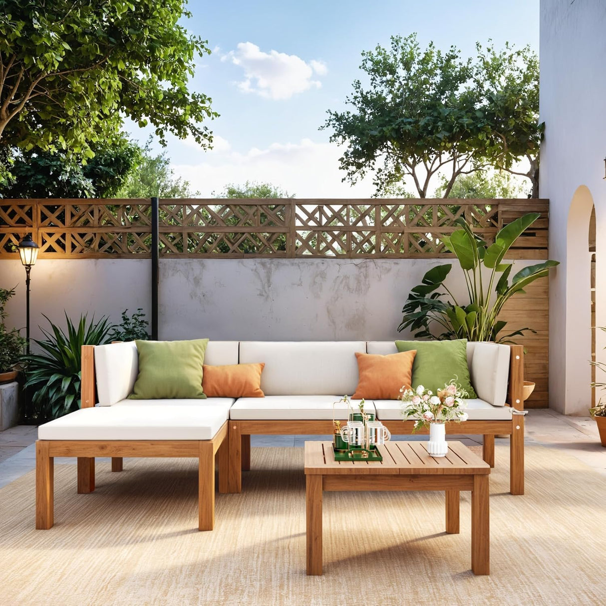 Devoko 5 Pieces Acacia Wood Outdoor Sectional Sofa Set with Coffee Table, Outdoor L-Shaped Couch with All-Weather Cushion for Patio Devoko