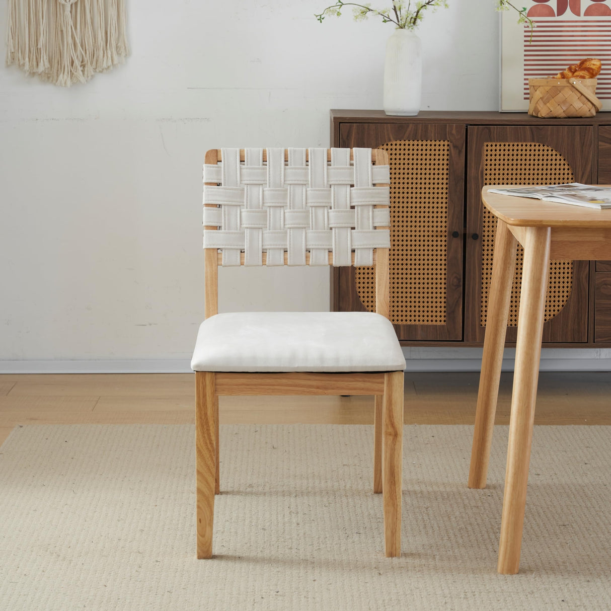 VINGLI Beige Woven Wooden Dining Chairs Set of 2,Armless Mid Century Modern Desk Chairs with Rivet&Foot Pegs,Upholstered Farmhouse Comfy Chair No Wheels for Dining Room,Living Room,Kitchen,Oak,Suede VINGLI