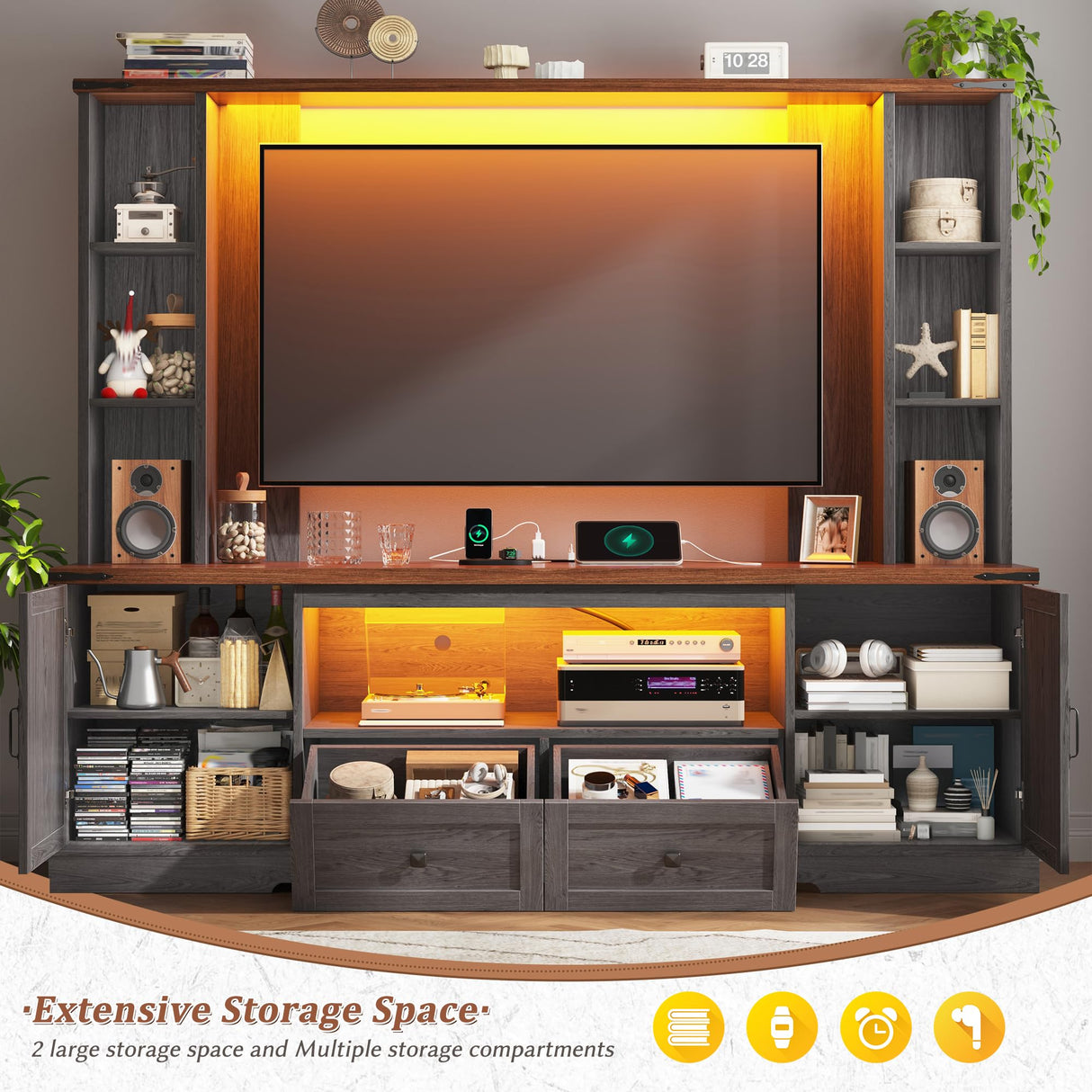 Entertainment Center with 2 LED Lights & Power Outlets, Large Farmhouse Wall Unit Entertainment Center for 60 Inch Television Stand, TV Stands for Living Room with Storage Shelf, Dark Grey EnHomee