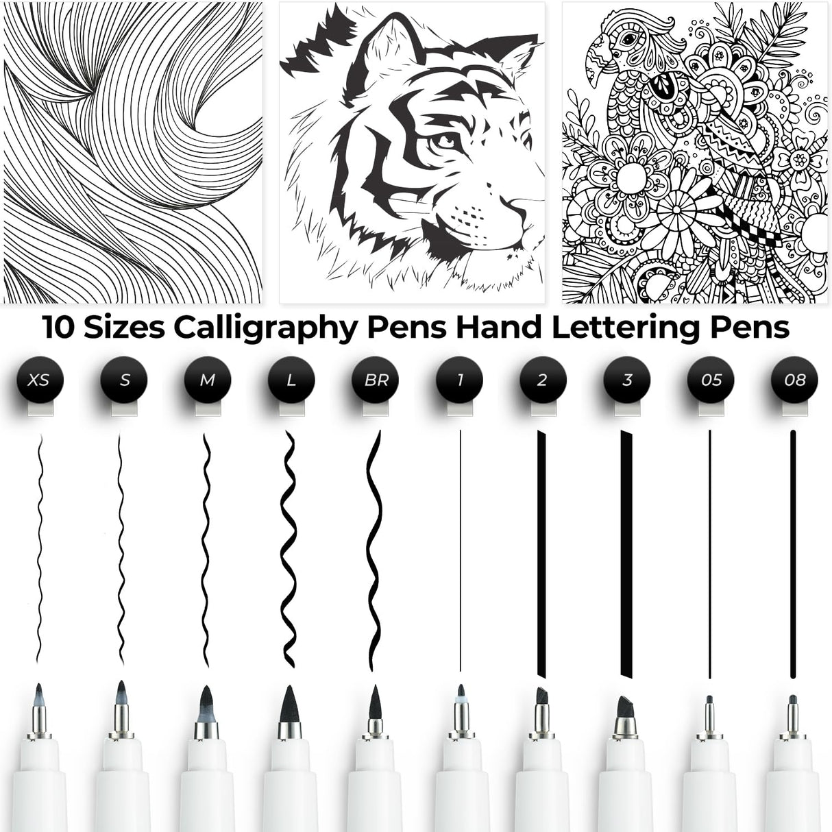 Ohuhu Calligraphy Pens, Brush Chisel Fine 10 Size Tips Pigment Black Ink Hand Lettering Pens Calligraphy Brush Markers for Beginner Handwriting Cardmaking Sketching Drawing Illustration Bullet Journal Ohuhu