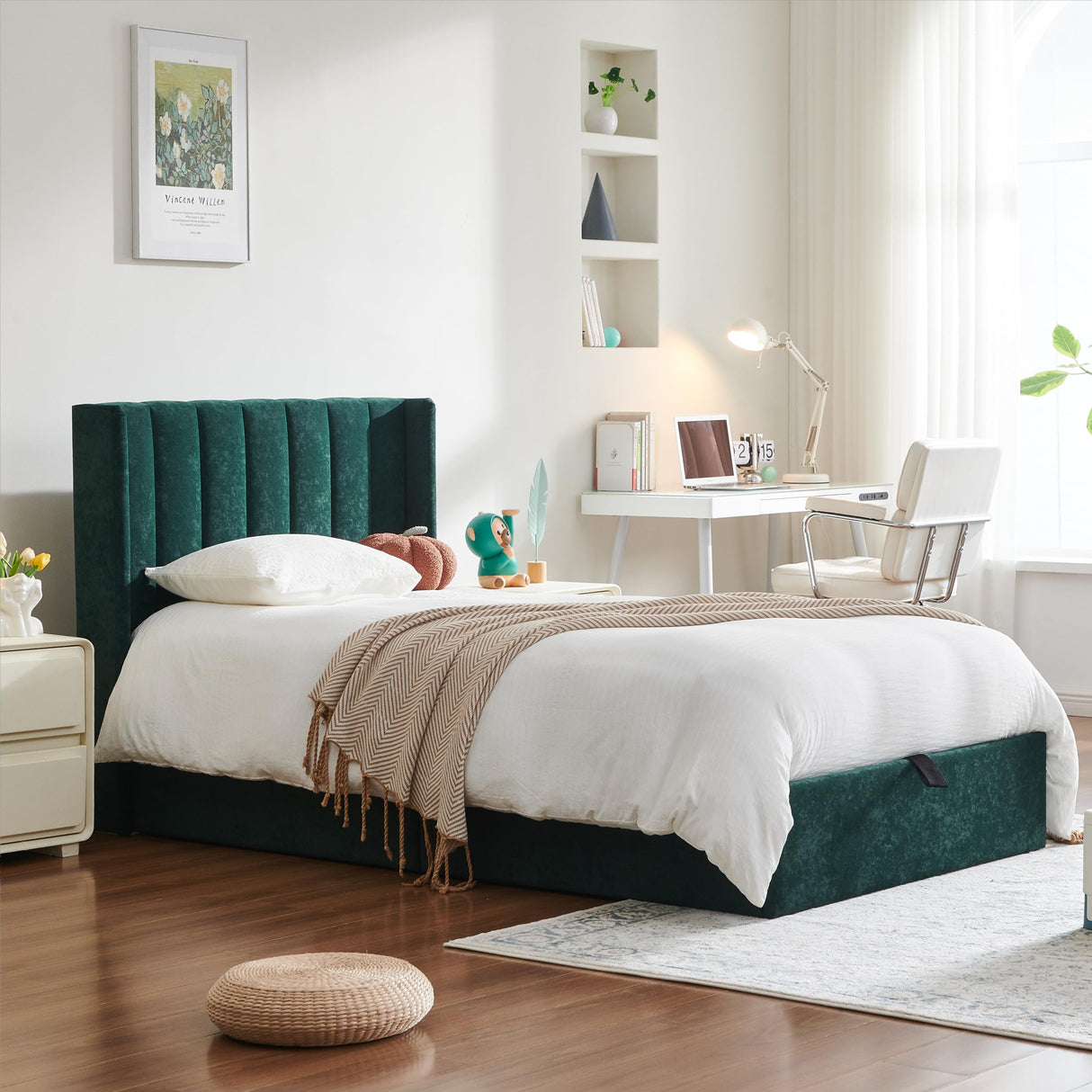 YUHUASHI Queen Size Hydraulic Storage Bed, Upholstered Platform Bed Frame, Modern Wingback Design Headboard, Velvet Fabric with Hydraulic Support Bars, No Box Spring Required (Ink Green, Twin) YUHUASHI