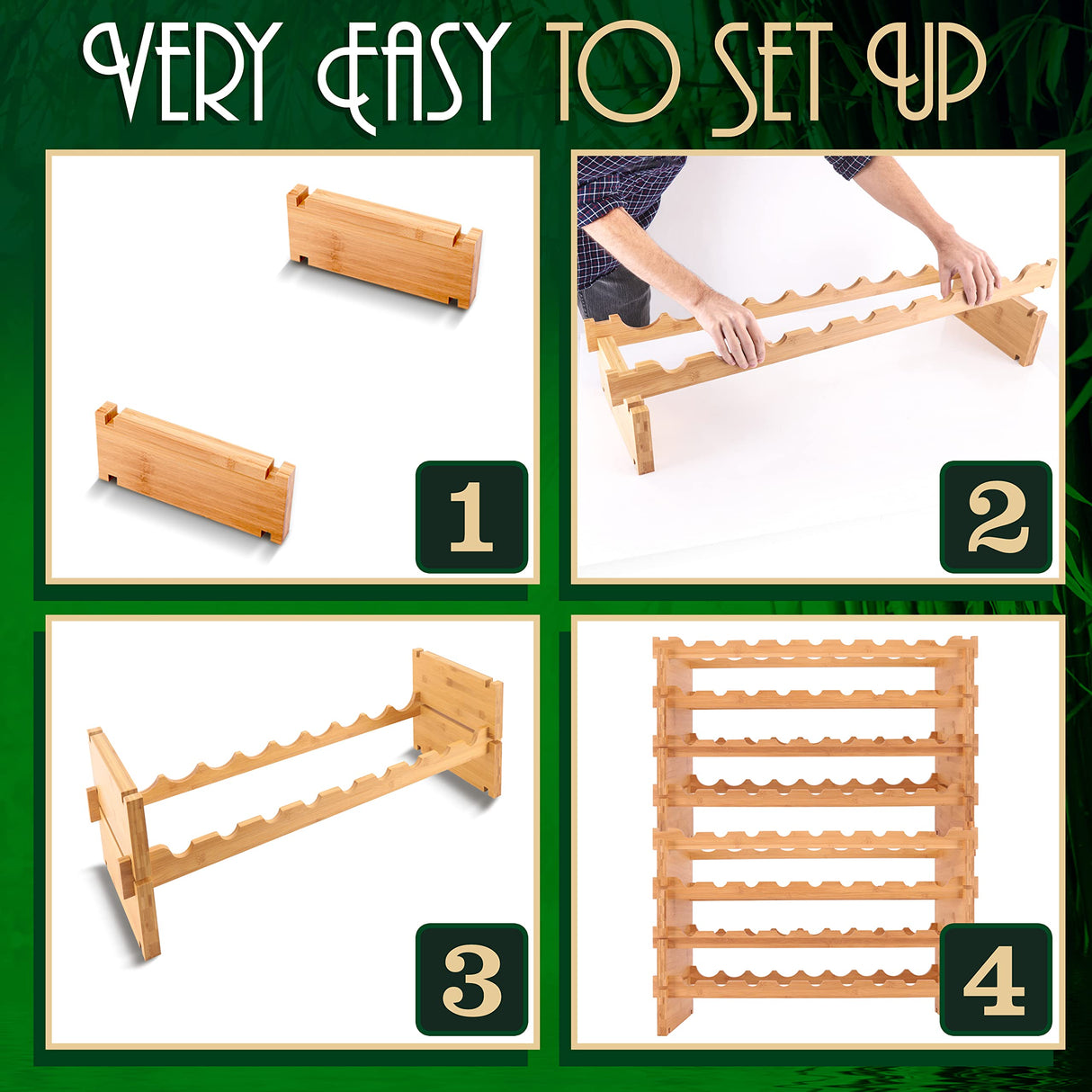 SereneLife Bamboo Stackable Wine Rack, 8-Tier 72 Bottle Capacity Wine Racks Free Standing Floor, No Tools Assembly, Modular Storage Display Shelf for SereneLife