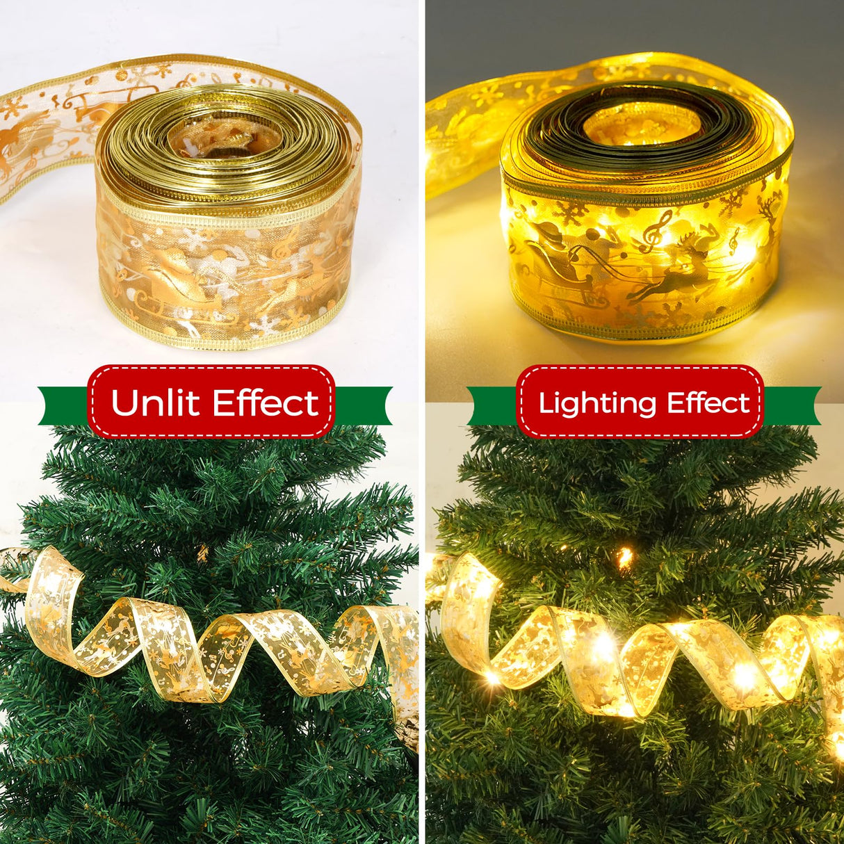 KPROE Christmas Tree Decorations, 32Ft 100 LED Christmas Tree Copper Wire Ribbon Bows Lights with 8 Lighting Modes, Battery Operated & USB Powered Fairy String Lights with Timer for Xmas Tree Decor KPROE