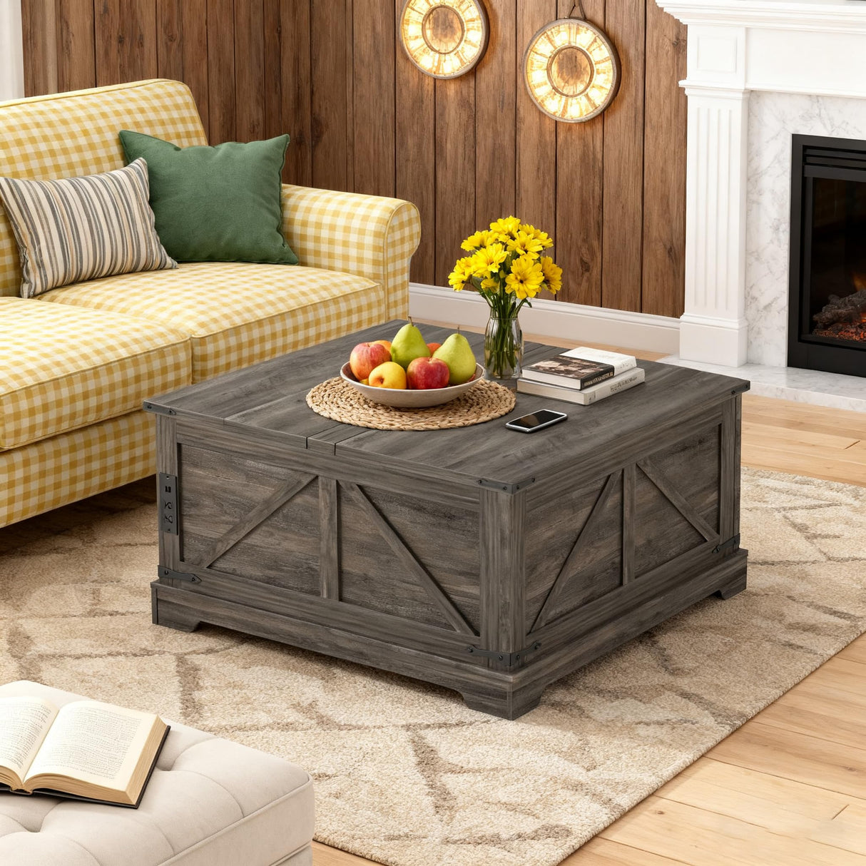 FiveWillowise Coffee Table with Storage, 31.5" W Farmhouse Lift Top Wood Square Center Table with Charging Station, Rustic Cocktail Tables with Flip Top Lids for Living Room, Home Office, Grey FiveWillowise