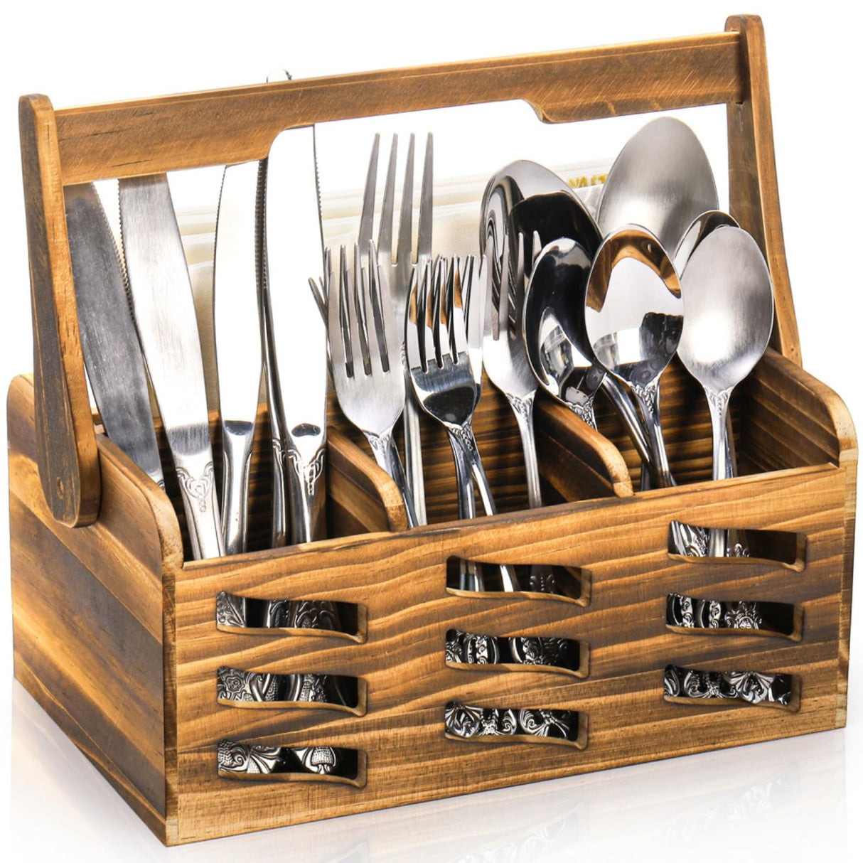 Noamus Silverware Caddy with Handle, 4 Compartments Wooden Flatware Utensil Holder, Cutlery Organizer Napkin Storage for Countertop, Kitchen Bathroom Bedroom, Farmhouse Decor, Party Camping Picnic Noamus