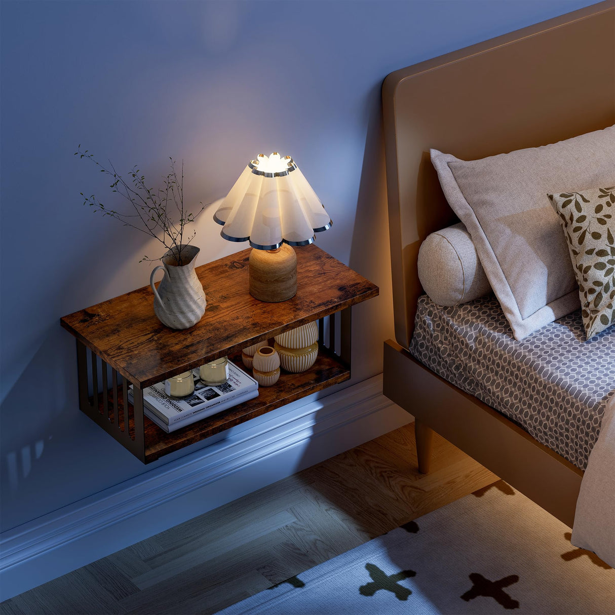 Floating Nightstand Set of 2, 2-Tier Floating Shelves Wall Mounted,Floating Bedside Table Wall Shelf,Display Wall Shelves for Bedroom,Living Room, Bathroom, Kitchen,Rustic Brown YUJSBHJAN