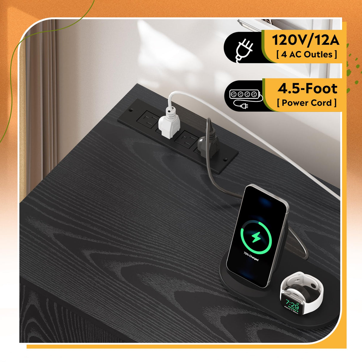 DEVAISE File Cabinet with Charging Station, 1-Drawer Lateral File Cabinets with Lock for Home Office, Wooden Rolling Printer Stand with Shelves, Black DEVAISE