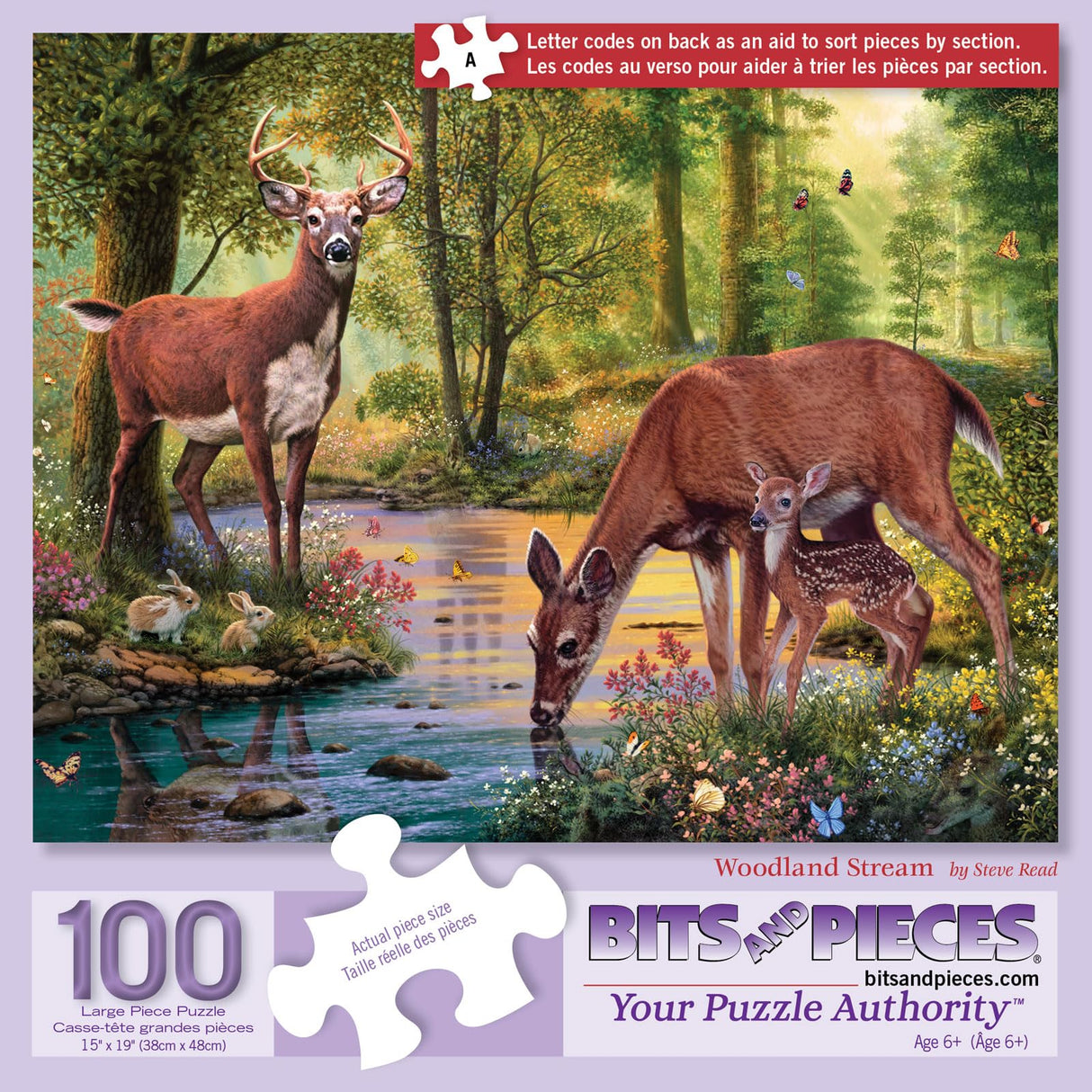 Bits and Pieces – 100 Piece Jigsaw Puzzle for Adults – Woodland Stream - Large Lettered Pieces Deer Family Jigsaw Puzzle, Completed Puzzle Size: 15" x 19" Bits and Pieces