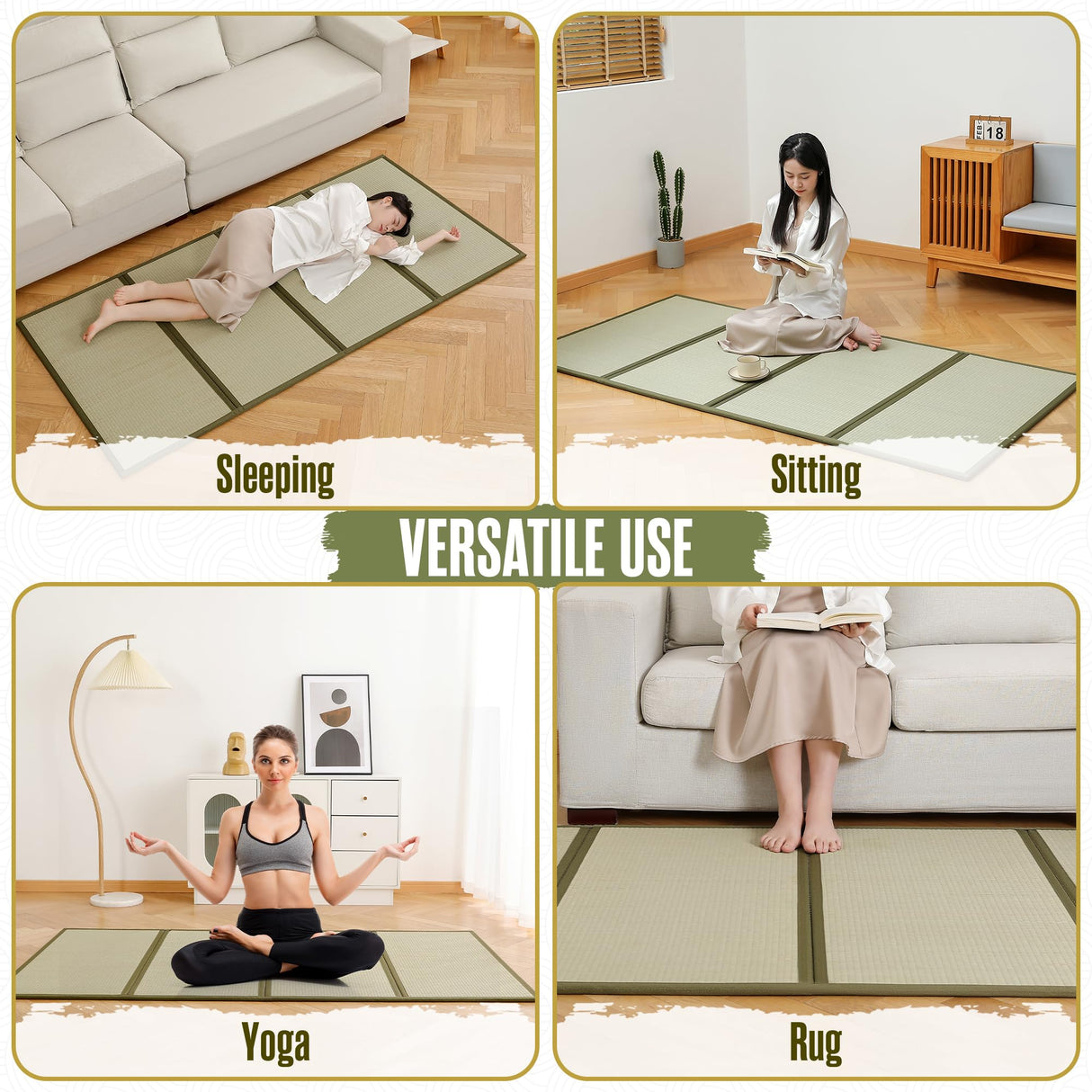 Tatami Mat, Tatami Mattress, Japanese Floor Mat, Japanese Sleeping Mats, Bamboo Sleeping Mats, Bed, Rug, Futon, Kotatsu, Goza, Traditional, Rush Grass, Folding, Anti-Slip, Twin XL, 80 x 40 Inch Houseables